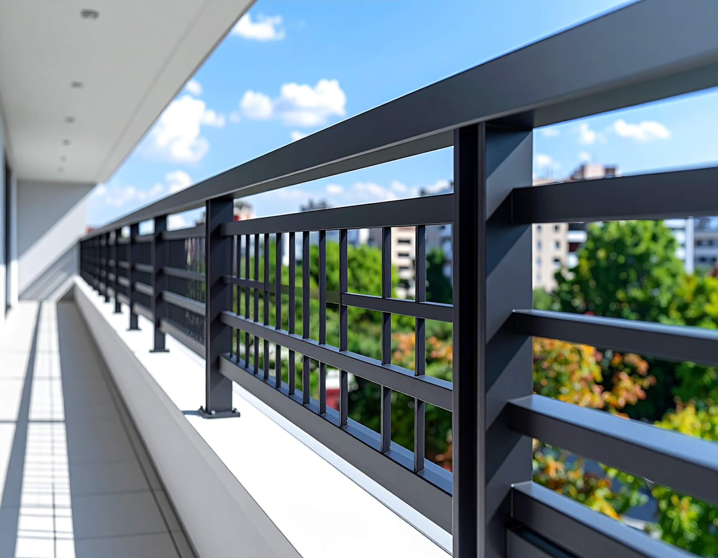 Dekorativne metalne ograde za terase sa modernim dizajnom i horizontalnim i vertikalnim linijama